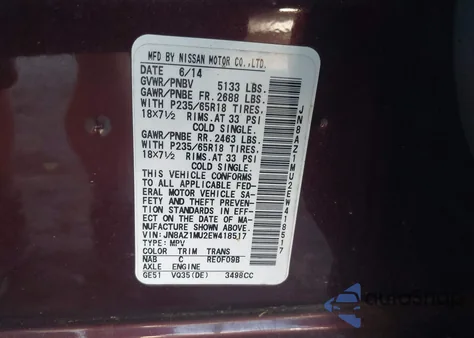 2014 Nissan Murano Sv из США, поврежденный, VIN JN8AZ1MU2EW418517